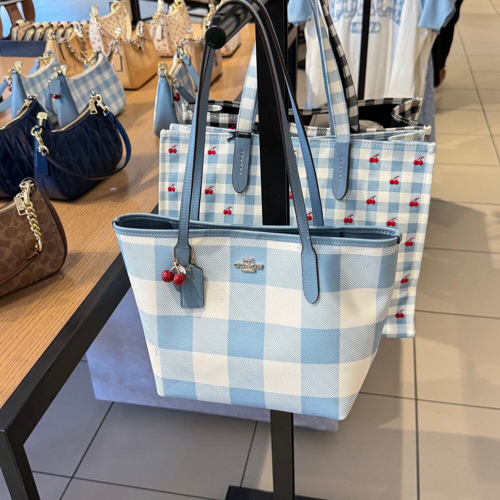 Coach Medium City Tote Bag With Gingham Print And Charm CES66 canvas/Blue Multi